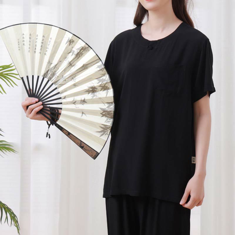 Buddha Stones de 2 piezas de camisa de media manga con cuello redondo, diseño simple, botones de rana, cintura elástica, pantalones de meditación, zen, tai chi, de algodón, para mujer - image 22