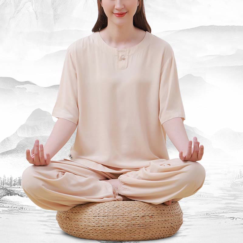 Buddha Stones de 2 piezas de camisa de media manga con cuello redondo, diseño simple, botones de rana, cintura elástica, pantalones de meditación, zen, tai chi, de algodón, para mujer - image 1