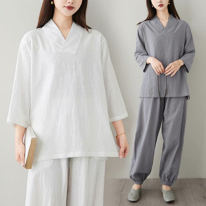 Conjunto de 2 piezas de camisa y pantalones de media manga con diseño simple de botones de rana y cuello en V con Buddha Stones , ropa informal de verano con bolsillos para meditación, zen y tai chi para mujer