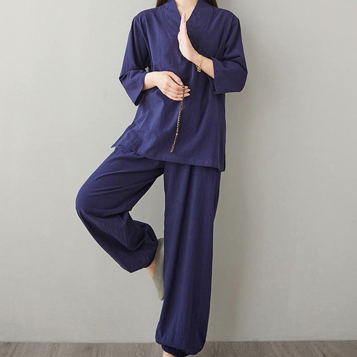 Conjunto de 2 piezas de camisa y pantalones de media manga con diseño simple de botones de rana y cuello en V con Buddha Stones , ropa informal de verano con bolsillos para meditación, zen y tai chi para mujer