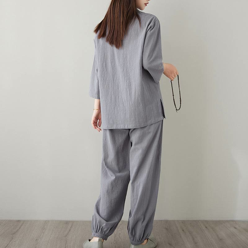 Conjunto de 2 piezas de camisa y pantalones de media manga con diseño simple de botones de rana y cuello en V con Buddha Stones , ropa informal de verano con bolsillos para meditación, zen y tai chi para mujer