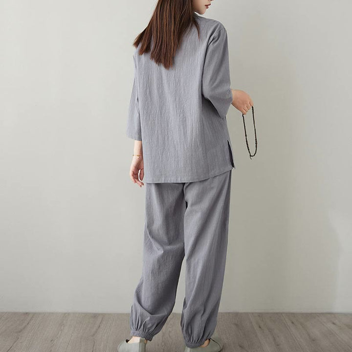 Conjunto de 2 piezas de camisa y pantalones de media manga con diseño simple de botones de rana y cuello en V con Buddha Stones , ropa informal de verano con bolsillos para meditación, zen y tai chi para mujer