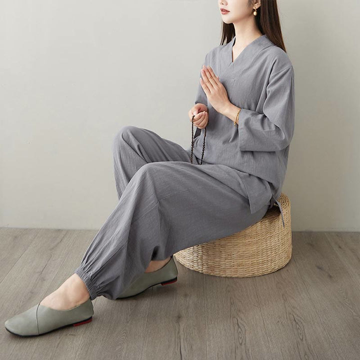 Conjunto de 2 piezas de camisa y pantalones de media manga con diseño simple de botones de rana y cuello en V con Buddha Stones , ropa informal de verano con bolsillos para meditación, zen y tai chi para mujer