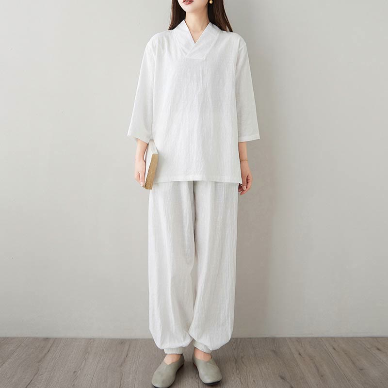 Conjunto de 2 piezas de camisa y pantalones de media manga con diseño simple de botones de rana y cuello en V con Buddha Stones , ropa informal de verano con bolsillos para meditación, zen y tai chi para mujer