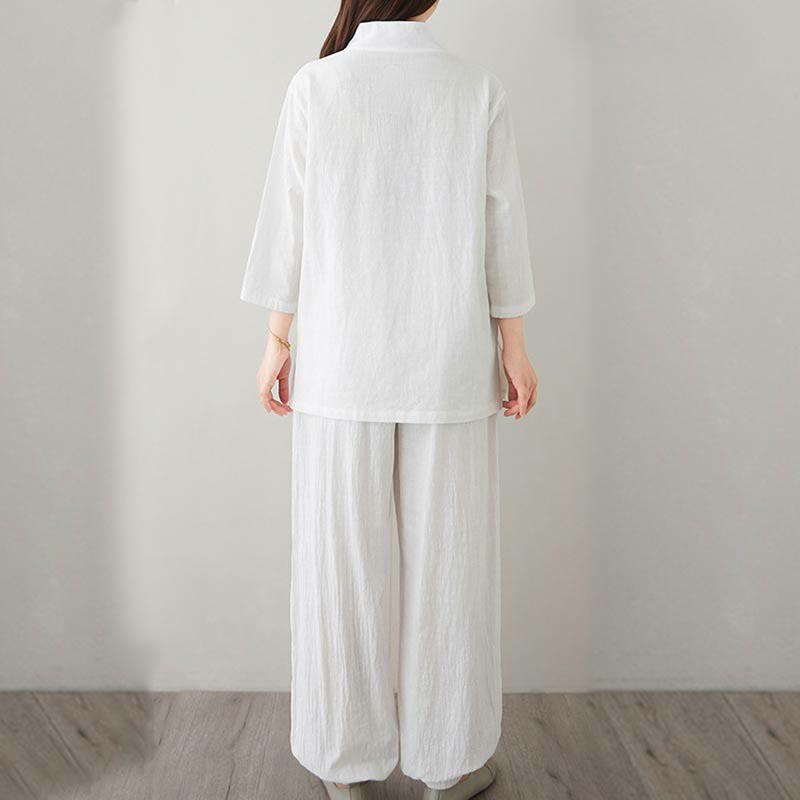 Conjunto de 2 piezas de camisa y pantalones de media manga con diseño simple de botones de rana y cuello en V con Buddha Stones , ropa informal de verano con bolsillos para meditación, zen y tai chi para mujer