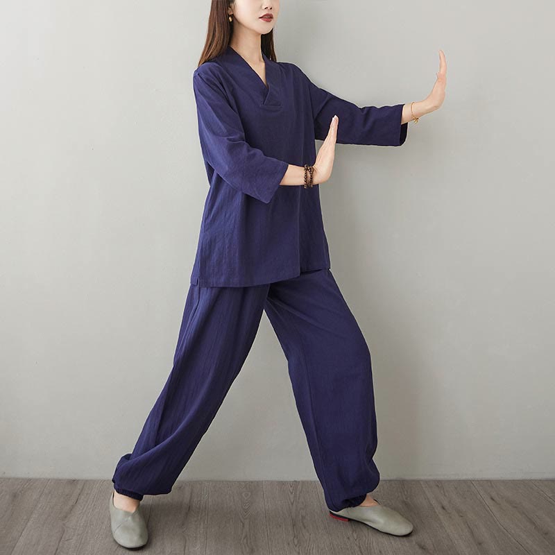 Conjunto de 2 piezas de camisa y pantalones de media manga con diseño simple de botones de rana y cuello en V con Buddha Stones , ropa informal de verano con bolsillos para meditación, zen y tai chi para mujer
