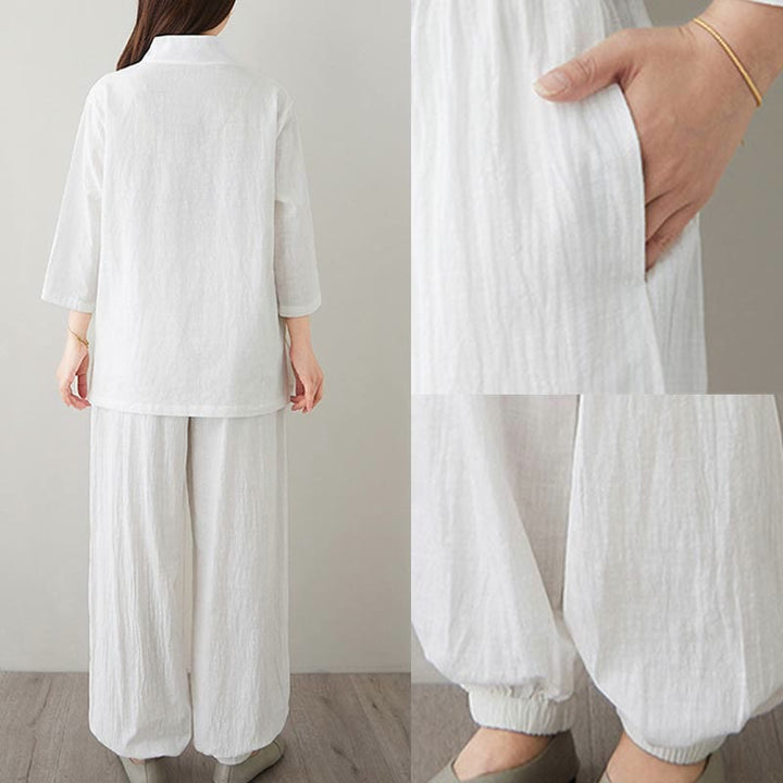 Conjunto de 2 piezas de camisa y pantalones de media manga con diseño simple de botones de rana y cuello en V con Buddha Stones , ropa informal de verano con bolsillos para meditación, zen y tai chi para mujer