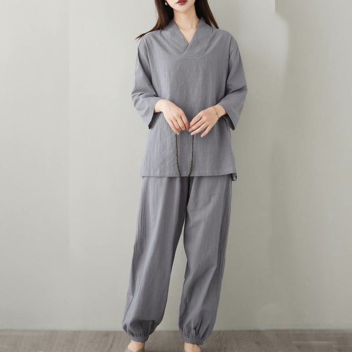 Conjunto de 2 piezas de camisa y pantalones de media manga con diseño simple de botones de rana y cuello en V con Buddha Stones , ropa informal de verano con bolsillos para meditación, zen y tai chi para mujer