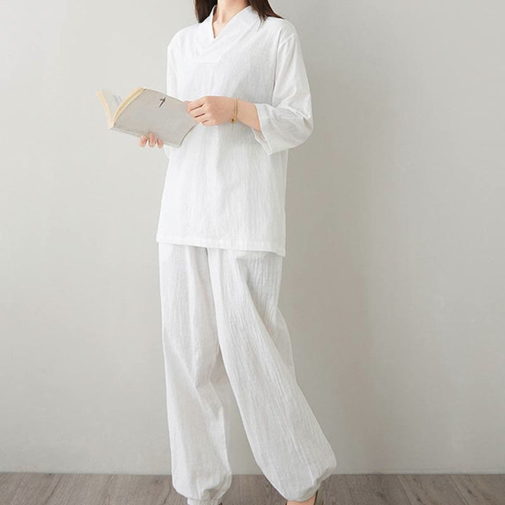 Conjunto de 2 piezas de camisa y pantalones de media manga con diseño simple de botones de rana y cuello en V con Buddha Stones , ropa informal de verano con bolsillos para meditación, zen y tai chi para mujer