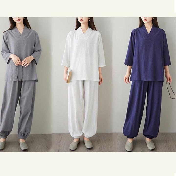 Conjunto de 2 piezas de camisa y pantalones de media manga con diseño simple de botones de rana y cuello en V con Buddha Stones , ropa informal de verano con bolsillos para meditación, zen y tai chi para mujer