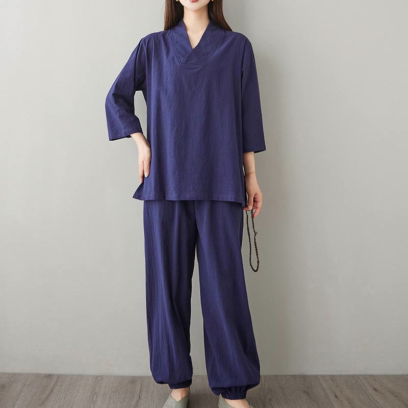 Conjunto de 2 piezas de camisa y pantalones de media manga con diseño simple de botones de rana y cuello en V con Buddha Stones , ropa informal de verano con bolsillos para meditación, zen y tai chi para mujer