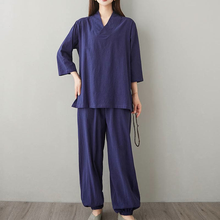 Conjunto de 2 piezas de camisa y pantalones de media manga con diseño simple de botones de rana y cuello en V con Buddha Stones , ropa informal de verano con bolsillos para meditación, zen y tai chi para mujer