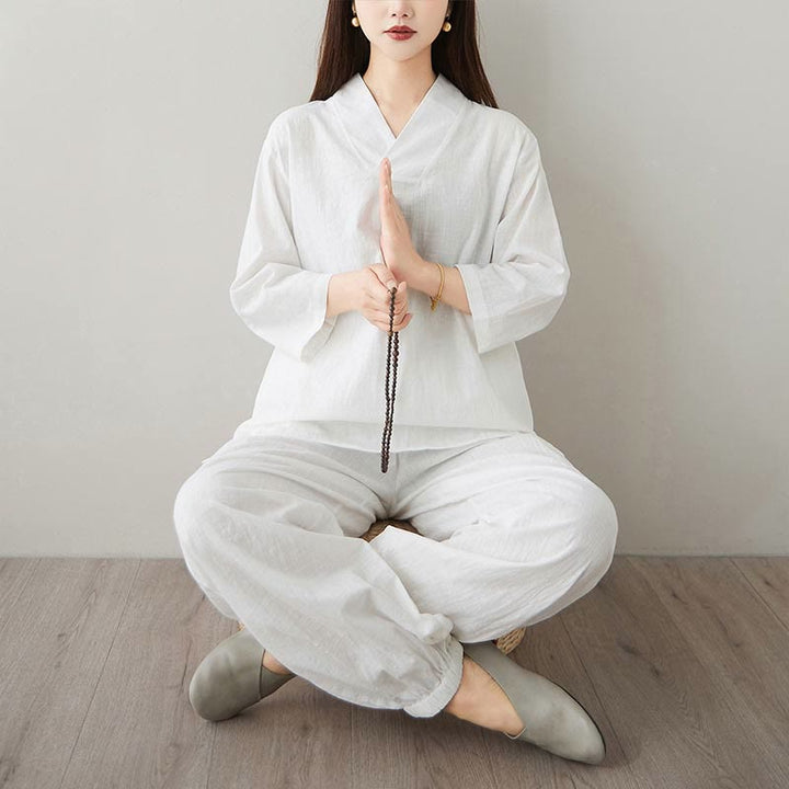 Conjunto de 2 piezas de camisa y pantalones de media manga con diseño simple de botones de rana y cuello en V con Buddha Stones , ropa informal de verano con bolsillos para meditación, zen y tai chi para mujer