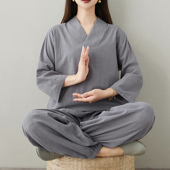 Conjunto de 2 piezas de camisa y pantalones de media manga con diseño simple de botones de rana y cuello en V con Buddha Stones , ropa informal de verano con bolsillos para meditación, zen y tai chi para mujer