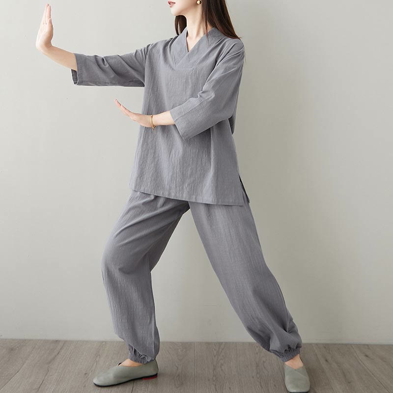 Conjunto de 2 piezas de camisa y pantalones de media manga con diseño simple de botones de rana y cuello en V con Buddha Stones , ropa informal de verano con bolsillos para meditación, zen y tai chi para mujer