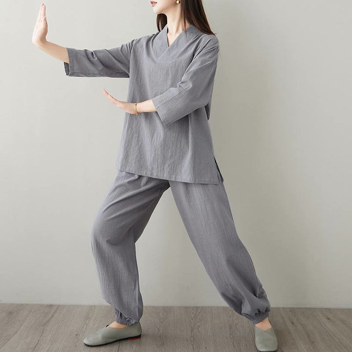 Conjunto de 2 piezas de camisa y pantalones de media manga con diseño simple de botones de rana y cuello en V con Buddha Stones , ropa informal de verano con bolsillos para meditación, zen y tai chi para mujer