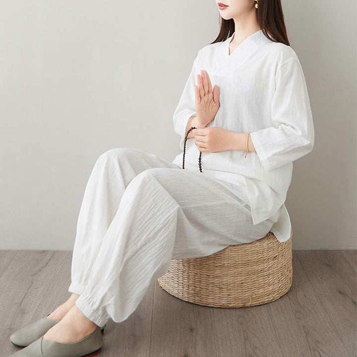 Conjunto de 2 piezas de camisa y pantalones de media manga con diseño simple de botones de rana y cuello en V con Buddha Stones , ropa informal de verano con bolsillos para meditación, zen y tai chi para mujer