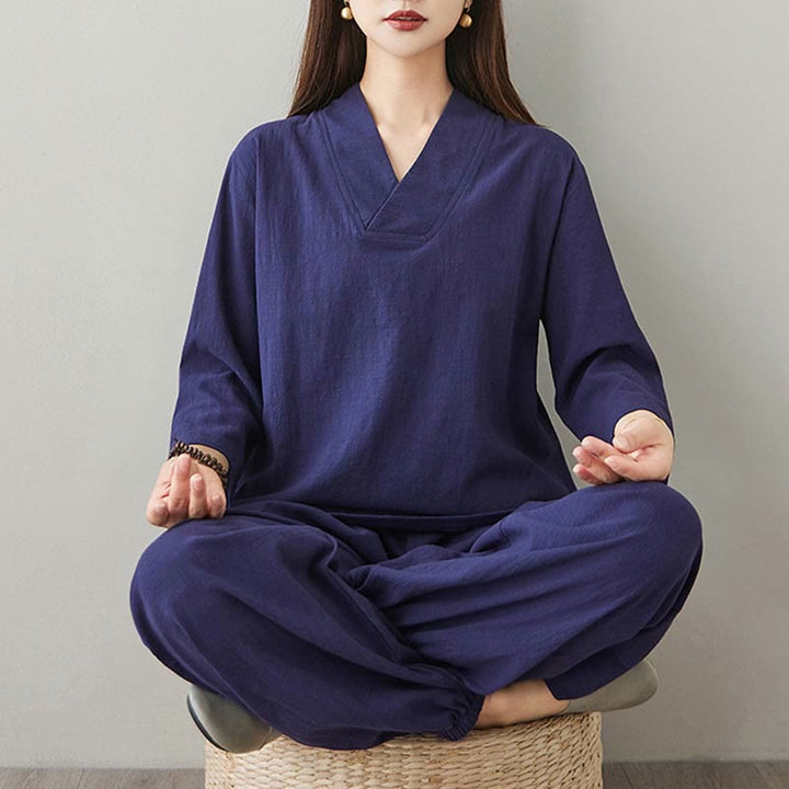 Conjunto de 2 piezas de camisa y pantalones de media manga con diseño simple de botones de rana y cuello en V con Buddha Stones , ropa informal de verano con bolsillos para meditación, zen y tai chi para mujer