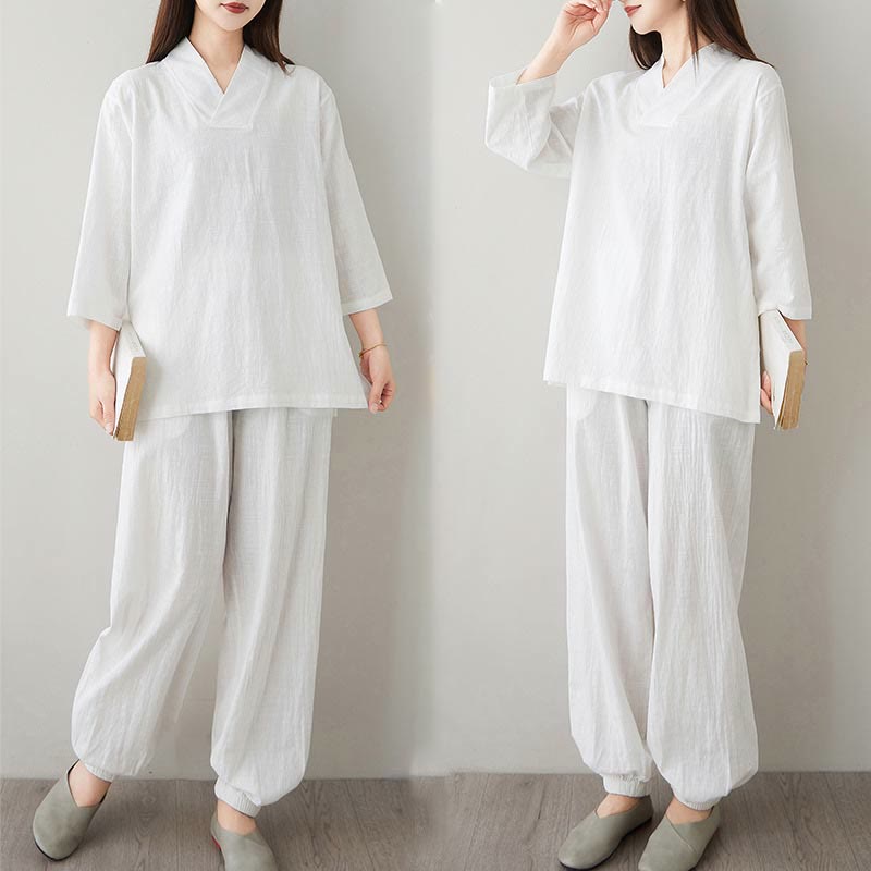 Conjunto de 2 piezas de camisa y pantalones de media manga con diseño simple de botones de rana y cuello en V con Buddha Stones , ropa informal de verano con bolsillos para meditación, zen y tai chi para mujer
