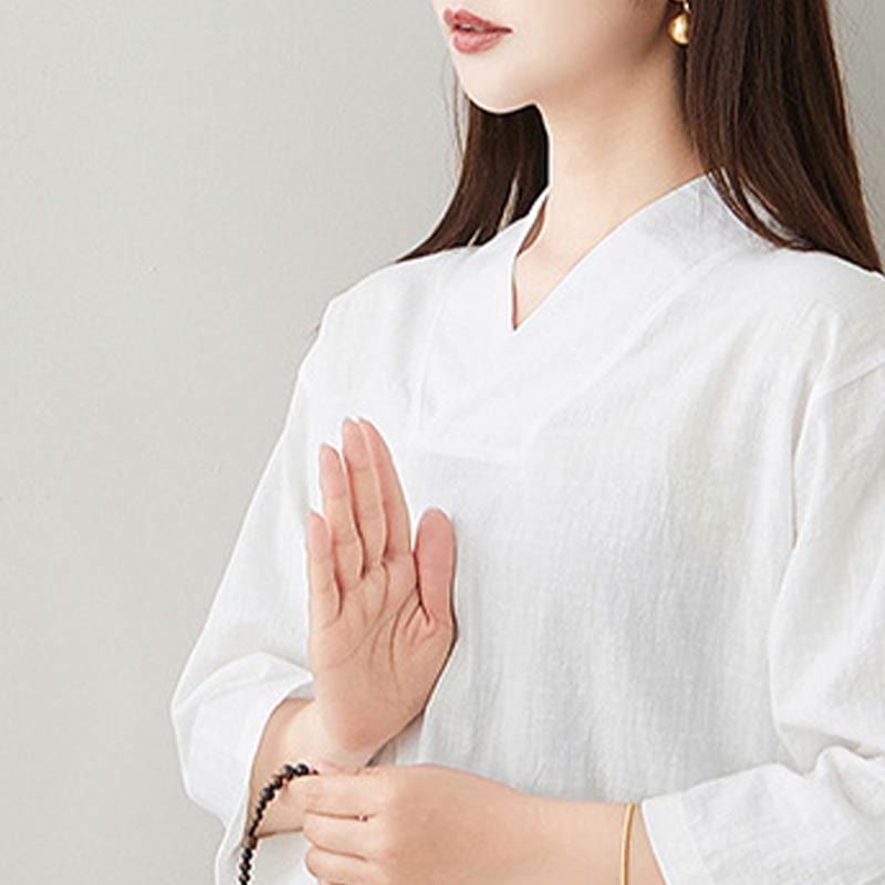 Conjunto de 2 piezas de camisa y pantalones de media manga con diseño simple de botones de rana y cuello en V con Buddha Stones , ropa informal de verano con bolsillos para meditación, zen y tai chi para mujer