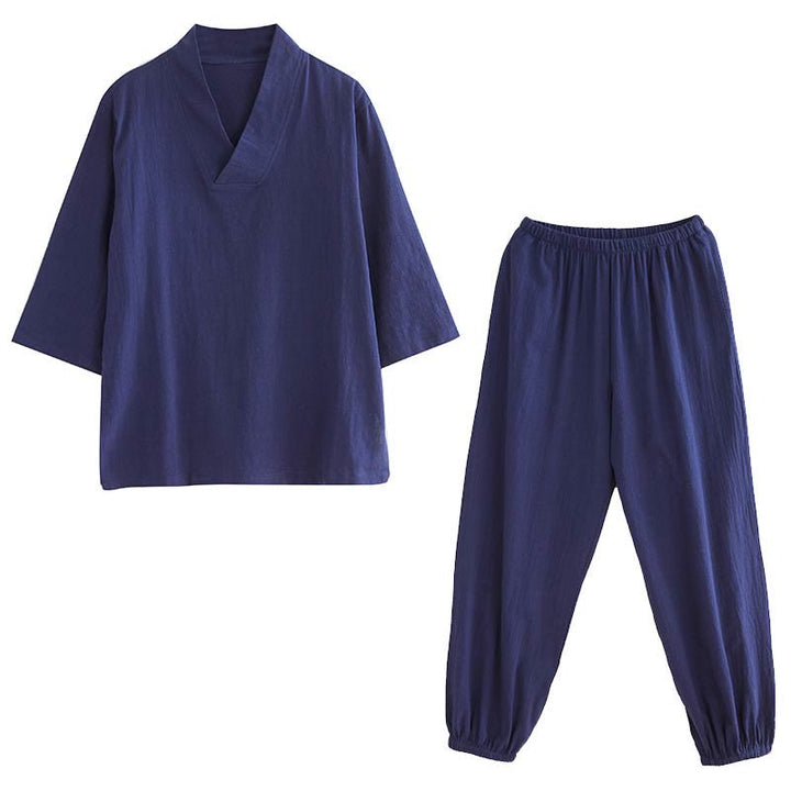 Conjunto de 2 piezas de camisa y pantalones de media manga con diseño simple de botones de rana y cuello en V con Buddha Stones , ropa informal de verano con bolsillos para meditación, zen y tai chi para mujer