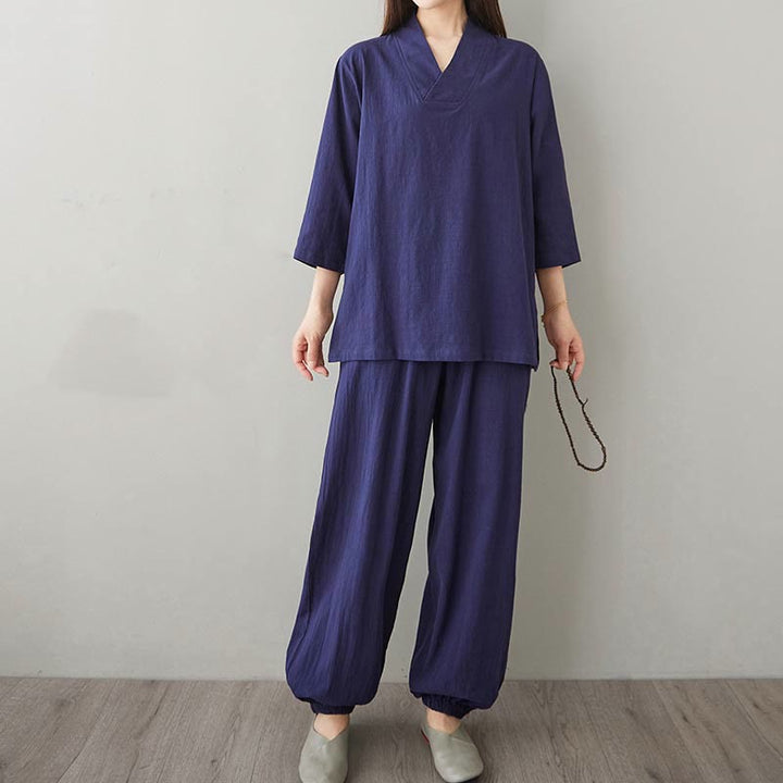 Conjunto de 2 piezas de camisa y pantalones de media manga con diseño simple de botones de rana y cuello en V con Buddha Stones , ropa informal de verano con bolsillos para meditación, zen y tai chi para mujer