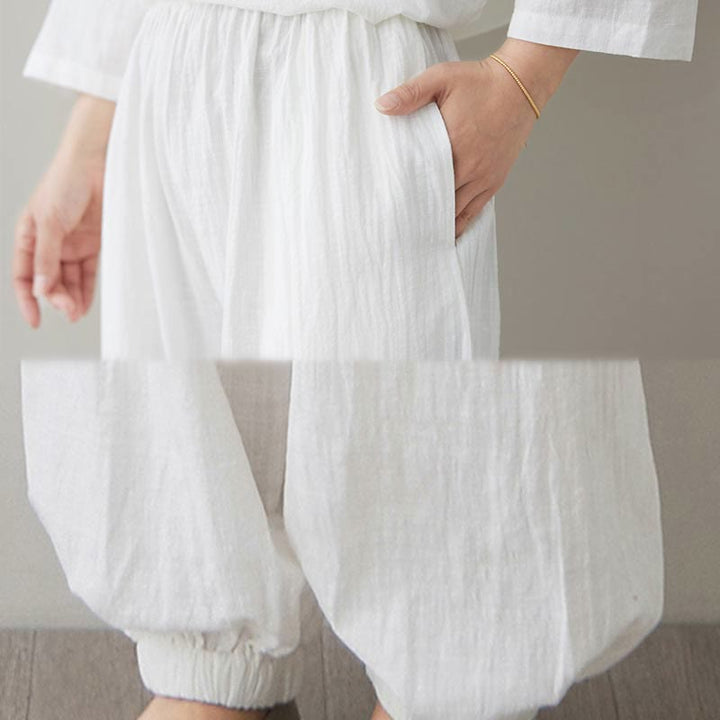 Conjunto de 2 piezas de camisa y pantalones de media manga con diseño simple de botones de rana y cuello en V con Buddha Stones , ropa informal de verano con bolsillos para meditación, zen y tai chi para mujer