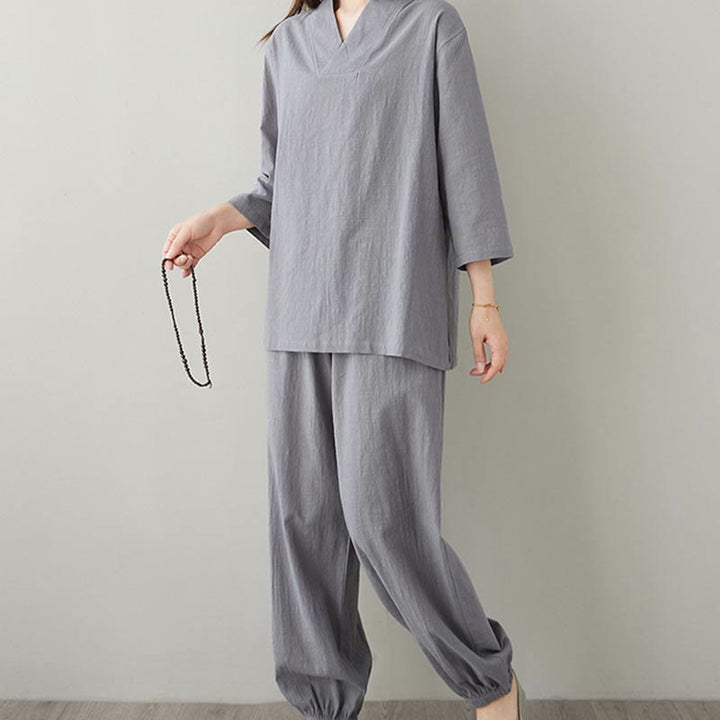 Conjunto de 2 piezas de camisa y pantalones de media manga con diseño simple de botones de rana y cuello en V con Buddha Stones , ropa informal de verano con bolsillos para meditación, zen y tai chi para mujer
