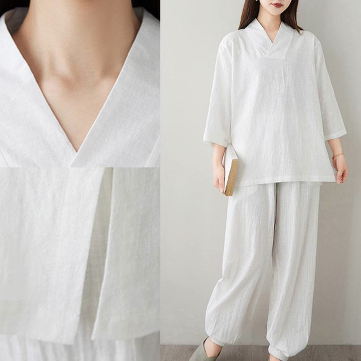 Conjunto de 2 piezas de camisa y pantalones de media manga con diseño simple de botones de rana y cuello en V con Buddha Stones , ropa informal de verano con bolsillos para meditación, zen y tai chi para mujer