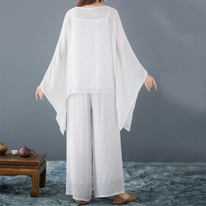 Conjunto de 3 piezas de top sin mangas con dobladillo irregular, pantalones anchos y bolsillos, estilo casual vintage blanco con Buddha Stones , para meditación, zen y tai chi, para mujer