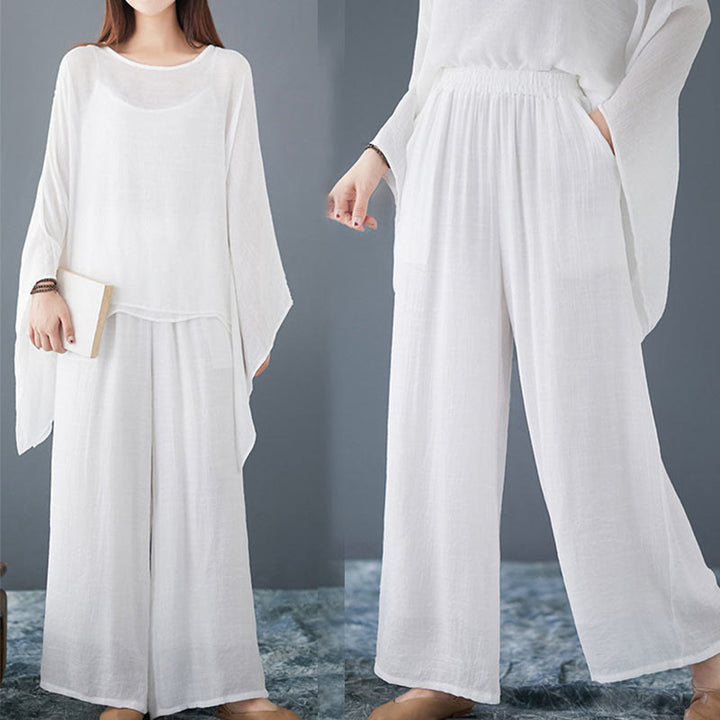 Conjunto de 3 piezas de top sin mangas con dobladillo irregular, pantalones anchos y bolsillos, estilo casual vintage blanco con Buddha Stones , para meditación, zen y tai chi, para mujer