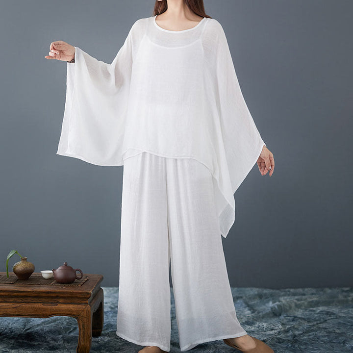 Conjunto de 3 piezas de top sin mangas con dobladillo irregular, pantalones anchos y bolsillos, estilo casual vintage blanco con Buddha Stones , para meditación, zen y tai chi, para mujer
