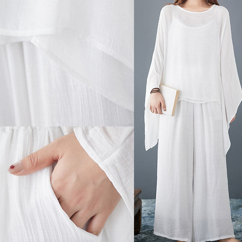 Conjunto de 3 piezas de top sin mangas con dobladillo irregular, pantalones anchos y bolsillos, estilo casual vintage blanco con Buddha Stones , para meditación, zen y tai chi, para mujer