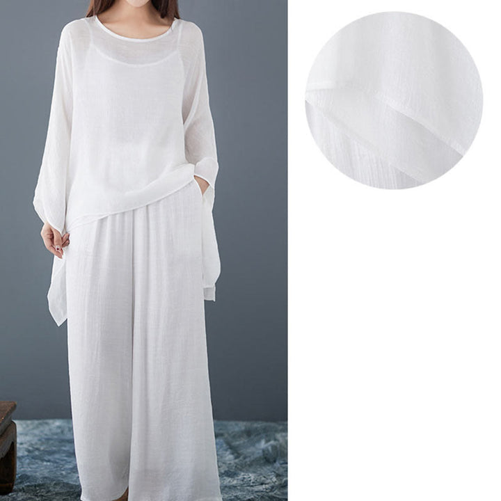 Conjunto de 3 piezas de top sin mangas con dobladillo irregular, pantalones anchos y bolsillos, estilo casual vintage blanco con Buddha Stones , para meditación, zen y tai chi, para mujer