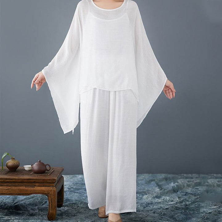 Conjunto de 3 piezas de top sin mangas con dobladillo irregular, pantalones anchos y bolsillos, estilo casual vintage blanco con Buddha Stones , para meditación, zen y tai chi, para mujer