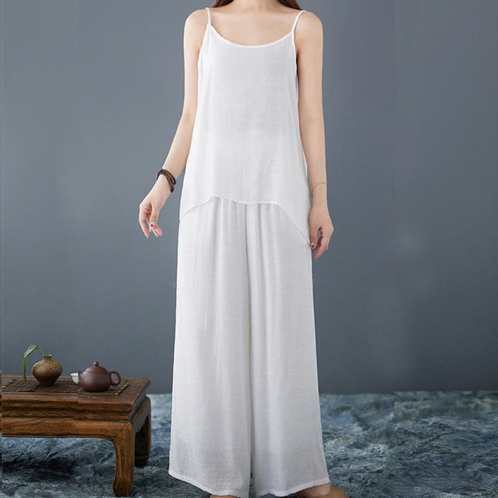 Conjunto de 3 piezas de top sin mangas con dobladillo irregular, pantalones anchos y bolsillos, estilo casual vintage blanco con Buddha Stones , para meditación, zen y tai chi, para mujer