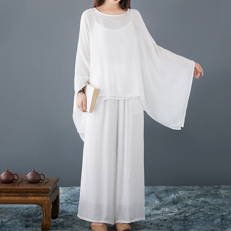 Conjunto de 3 piezas de top sin mangas con dobladillo irregular, pantalones anchos y bolsillos, estilo casual vintage blanco con Buddha Stones , para meditación, zen y tai chi, para mujer