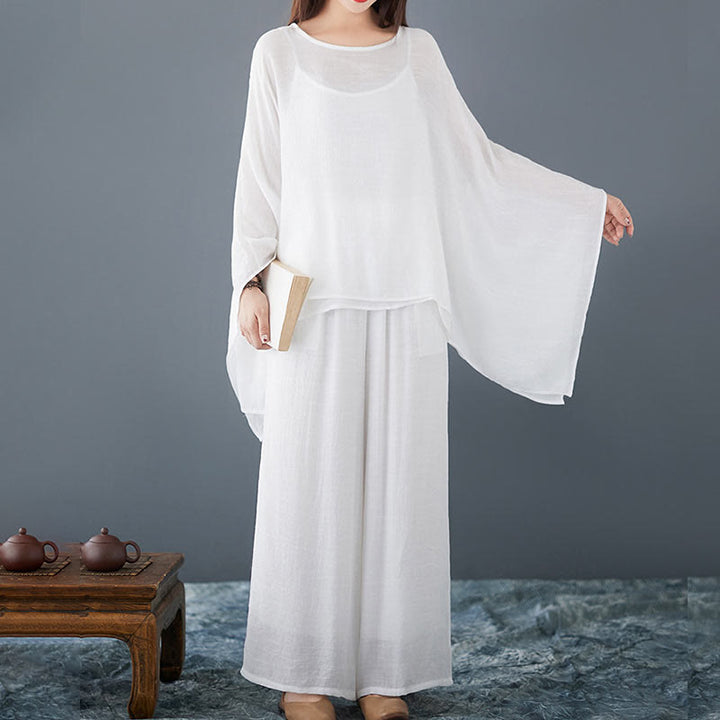 Conjunto de 3 piezas de top sin mangas con dobladillo irregular, pantalones anchos y bolsillos, estilo casual vintage blanco con Buddha Stones , para meditación, zen y tai chi, para mujer