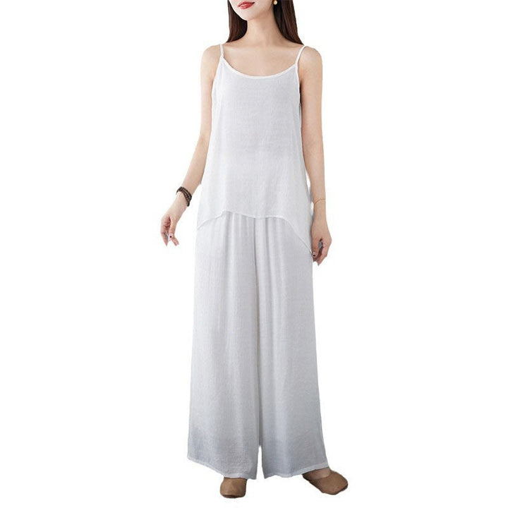 Conjunto de 3 piezas de top sin mangas con dobladillo irregular, pantalones anchos y bolsillos, estilo casual vintage blanco con Buddha Stones , para meditación, zen y tai chi, para mujer