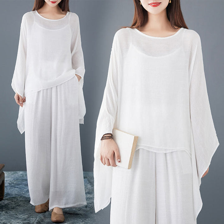 Conjunto de 3 piezas de top sin mangas con dobladillo irregular, pantalones anchos y bolsillos, estilo casual vintage blanco con Buddha Stones , para meditación, zen y tai chi, para mujer