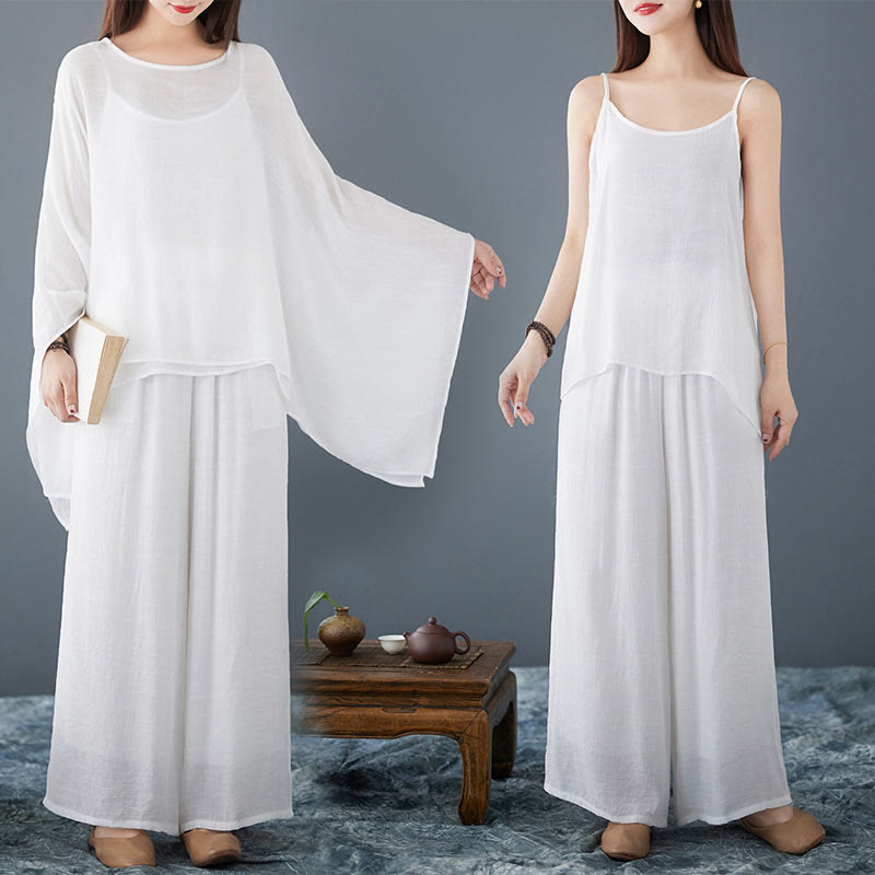 Conjunto de 3 piezas de top sin mangas con dobladillo irregular, pantalones anchos y bolsillos, estilo casual vintage blanco con Buddha Stones , para meditación, zen y tai chi, para mujer
