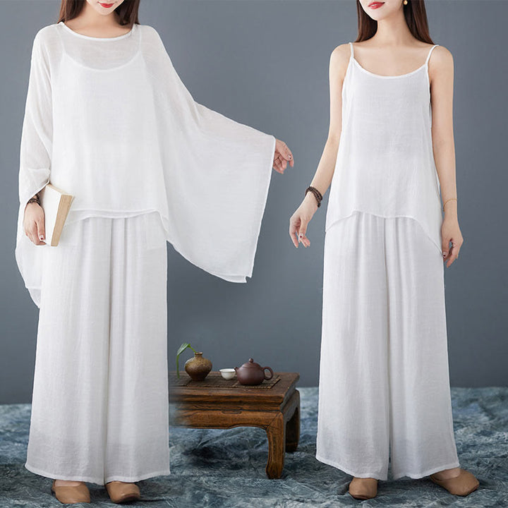 Conjunto de 3 piezas de top sin mangas con dobladillo irregular, pantalones anchos y bolsillos, estilo casual vintage blanco con Buddha Stones , para meditación, zen y tai chi, para mujer