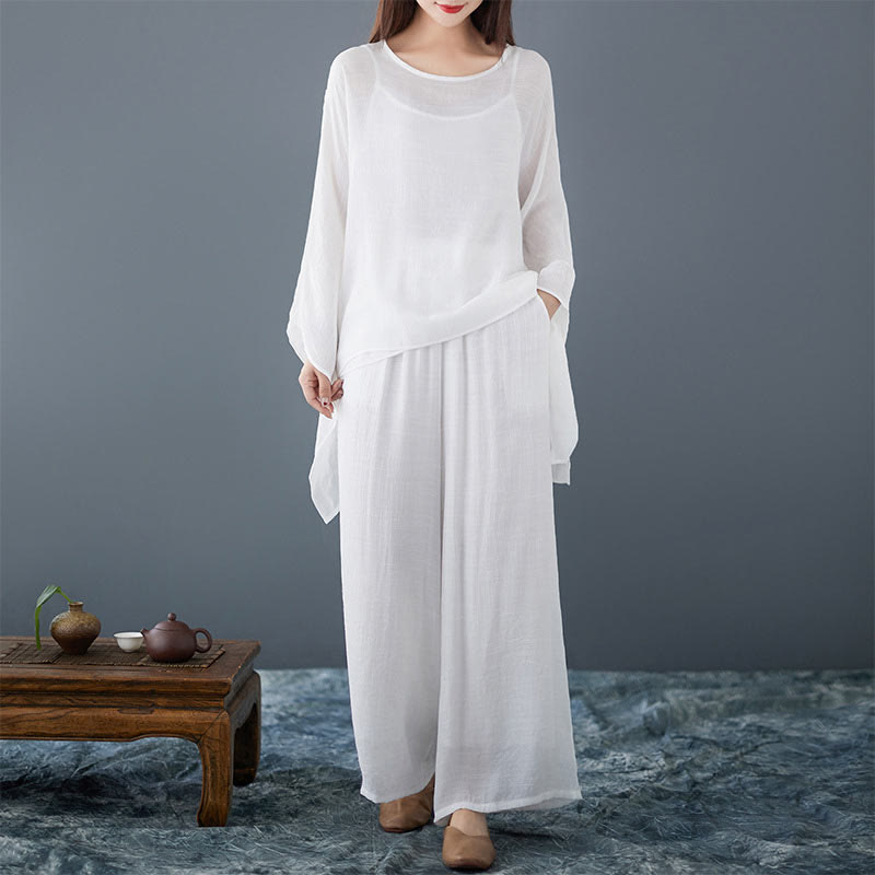Conjunto de 3 piezas de top sin mangas con dobladillo irregular, pantalones anchos y bolsillos, estilo casual vintage blanco con Buddha Stones , para meditación, zen y tai chi, para mujer