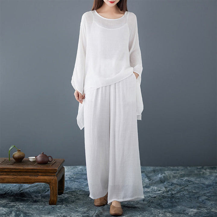 Conjunto de 3 piezas de top sin mangas con dobladillo irregular, pantalones anchos y bolsillos, estilo casual vintage blanco con Buddha Stones , para meditación, zen y tai chi, para mujer