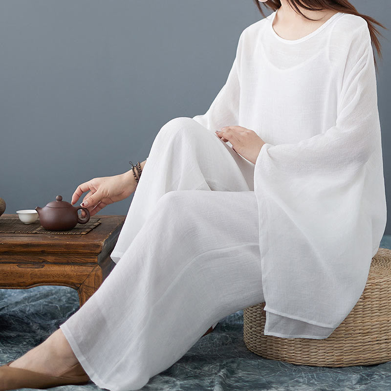 Conjunto de 3 piezas de top sin mangas con dobladillo irregular, pantalones anchos y bolsillos, estilo casual vintage blanco con Buddha Stones , para meditación, zen y tai chi, para mujer