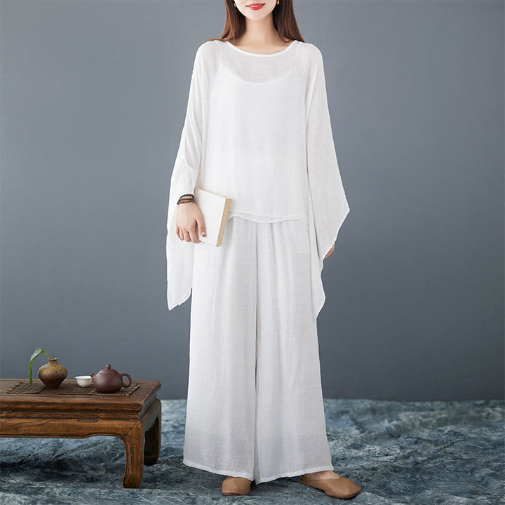 Conjunto de 3 piezas de top sin mangas con dobladillo irregular, pantalones anchos y bolsillos, estilo casual vintage blanco con Buddha Stones , para meditación, zen y tai chi, para mujer