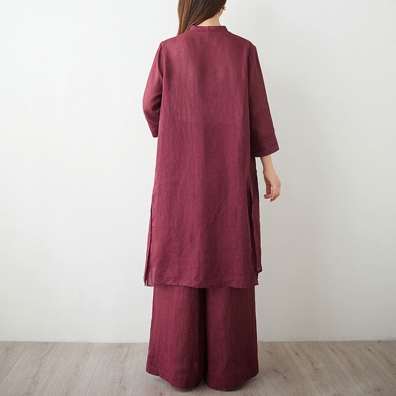 Conjunto informal de 2 piezas con Buddha Stones , camisa, top y falda con bolsillos, manga tres cuartos, cuello inclinado, meditación, zen, tai chi, para mujer