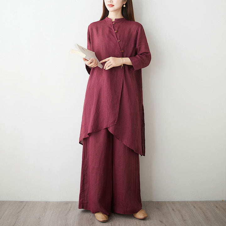Conjunto informal de 2 piezas con Buddha Stones , camisa, top y falda con bolsillos, manga tres cuartos, cuello inclinado, meditación, zen, tai chi, para mujer