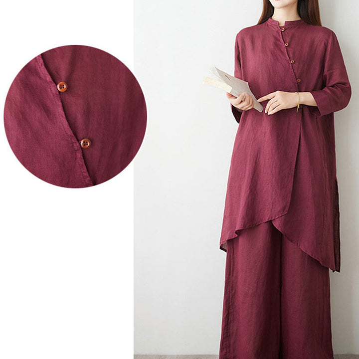 Conjunto informal de 2 piezas con Buddha Stones , camisa, top y falda con bolsillos, manga tres cuartos, cuello inclinado, meditación, zen, tai chi, para mujer