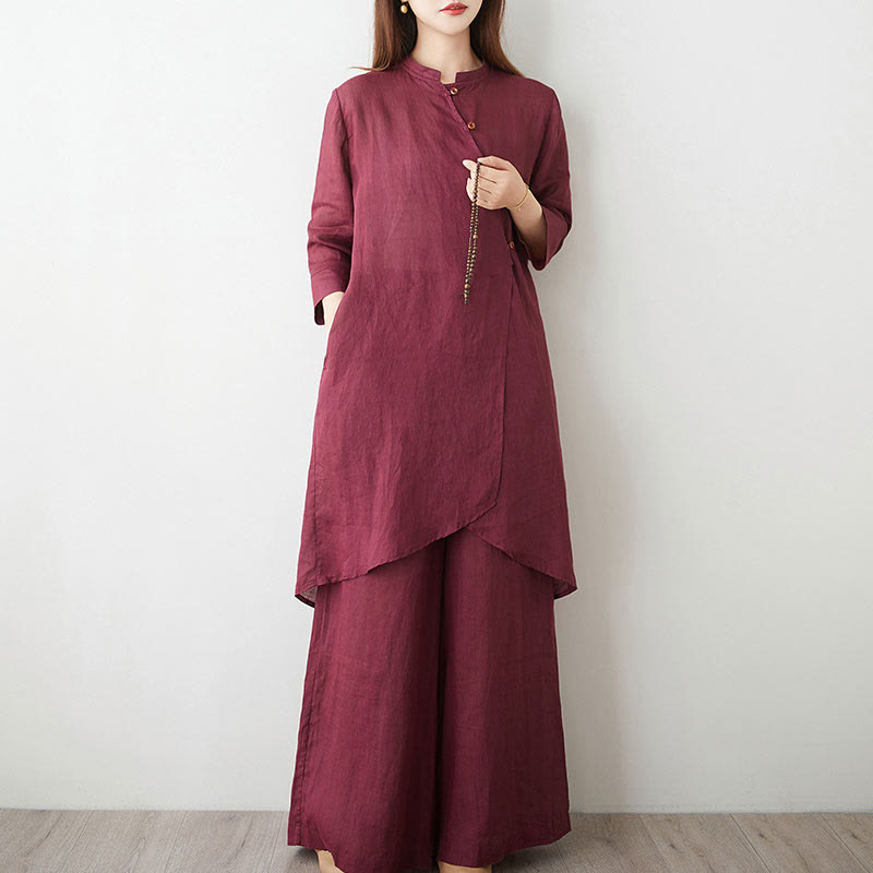 Conjunto informal de 2 piezas con Buddha Stones , camisa, top y falda con bolsillos, manga tres cuartos, cuello inclinado, meditación, zen, tai chi, para mujer